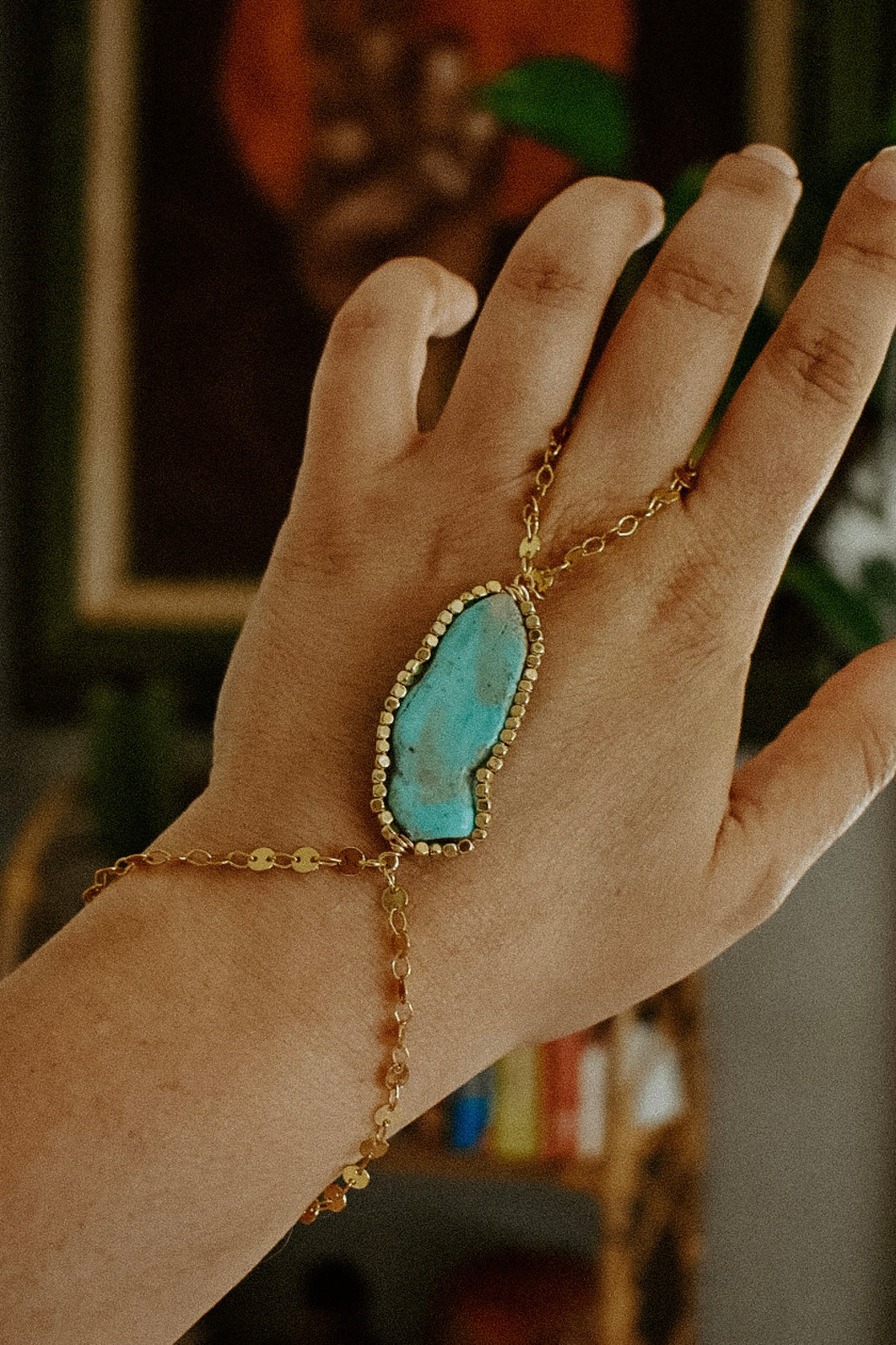 Genuine Turquoise Slab Gold Hand Chain